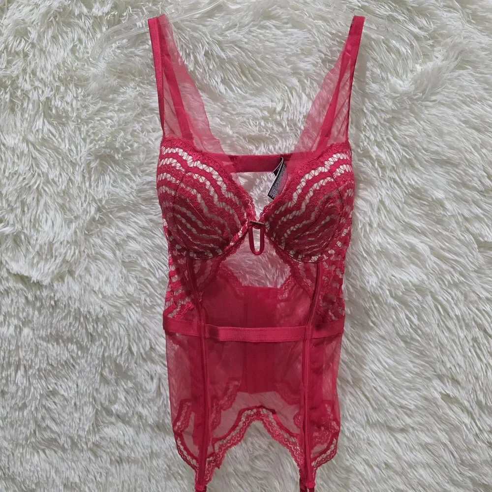 Victorias Secret Very Sexy Lace Mesh Corset Garter Baby Doll Teddy Bra 34D Red
